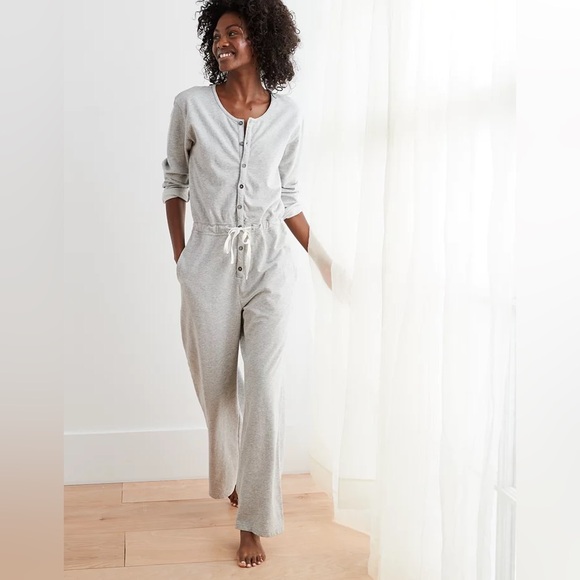 aerie Pants - Aerie Weekend Sweatsuit Jumpsuit Gray Drawstring Wide Leg Button Women Size XL